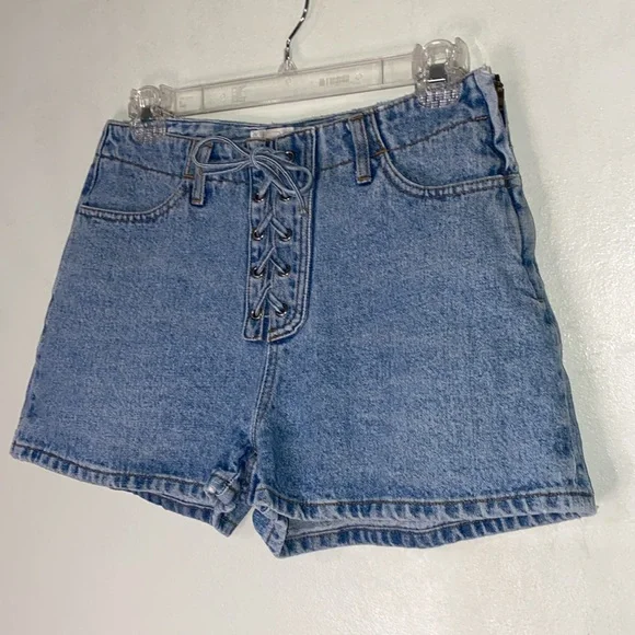 MODA INTL Vintage Y2K Lace Up Tie Side Zipper 100% Cotton Denim Shorts Size 27 - Picture 11 of 14